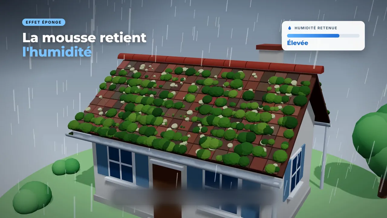 Animation 3D : une maison sous la pluie, son toit de tuiles couvert de mousse qui retient l'humidité