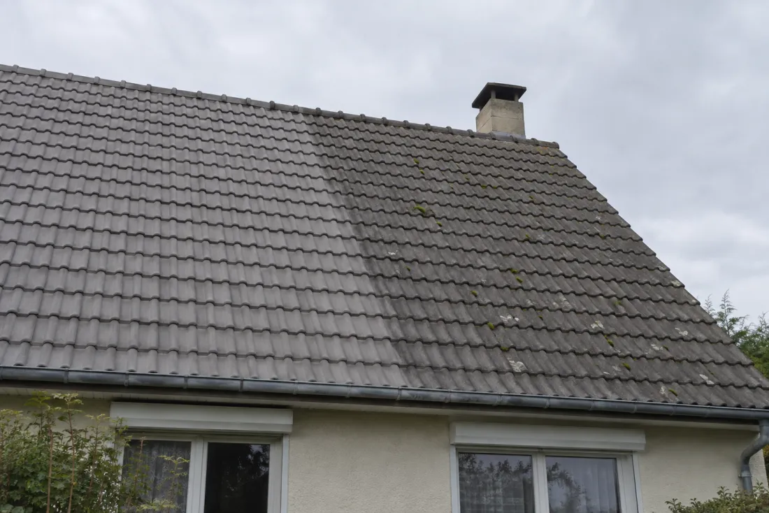 Toiture en tuiles béton grises à moitié démoussée (Grand'Combe-Châteleu, Doubs)