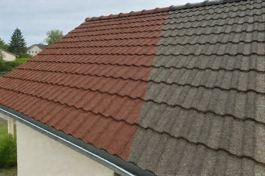 Toiture à moitié traitée par un hydrofuge coloré (Saint-Sauveur, Haute-Saône)