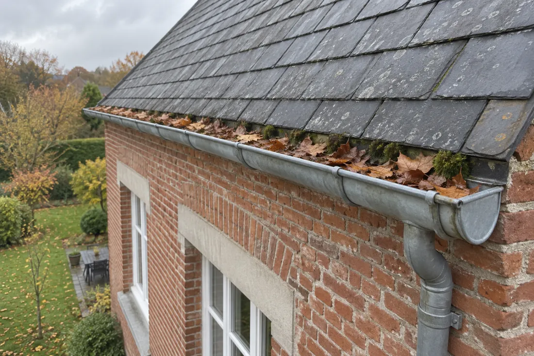 Gouttière en zinc encombrée de feuilles mortes en automne (Romenay, Saône-et-Loire)