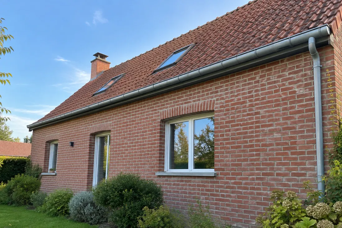 Gouttière en zinc propre et dégagée sur une maison en brique (Champagne-au-Mont-d'Or, Rhône)
