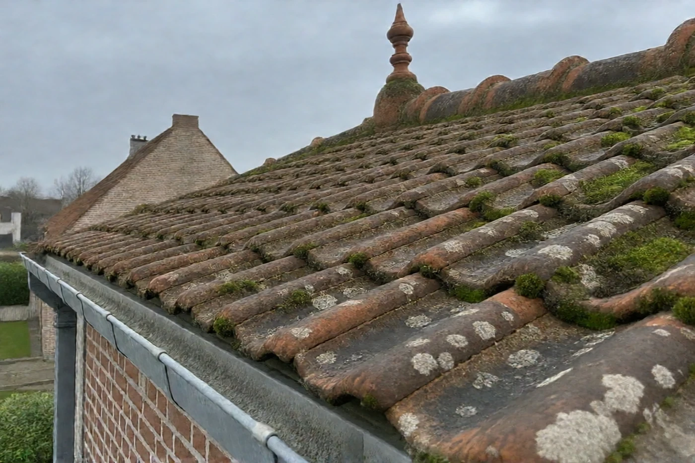 Avant : Toit en tuiles panne flamandes : envahi de mousse, puis nettoyé (Servas)