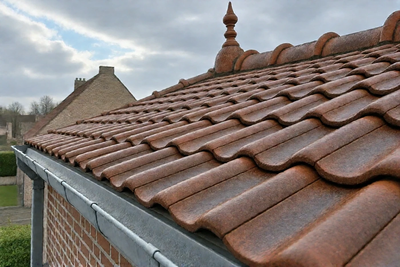 Après : Toit en tuiles panne flamandes : envahi de mousse, puis nettoyé (Bailleau-le-Pin)