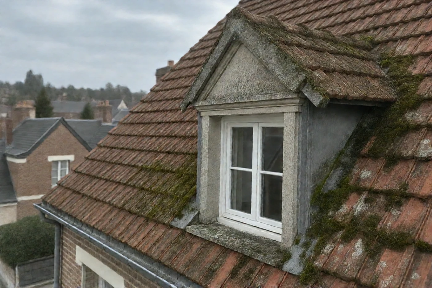 Avant : Toiture en tuiles mécaniques rouges avec lucarne : moussue, puis nettoyée (Varzy)