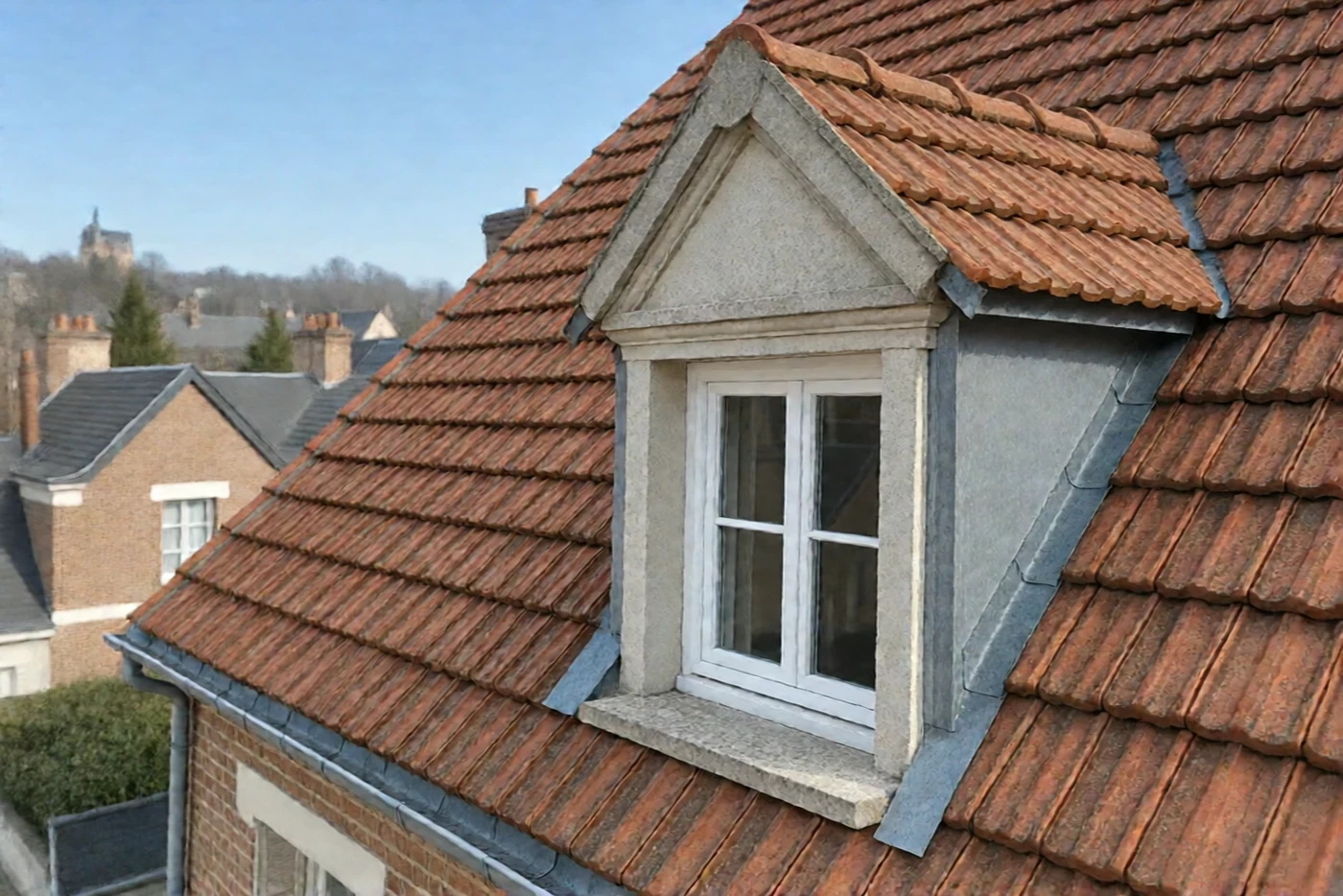 Après : Toiture en tuiles mécaniques rouges avec lucarne : moussue, puis nettoyée (Damprichard)